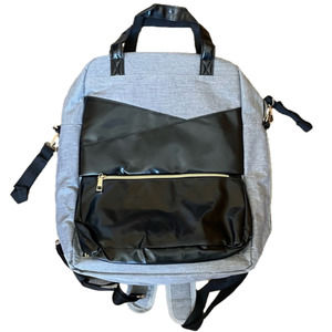 eli grey fabric and black faux leather & gold zipper trim backpack diaper bag